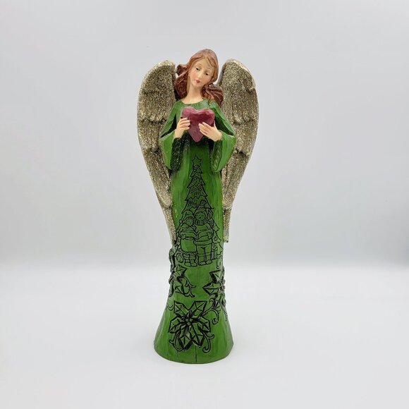 Angel Figurine Christmas Poinsettia Glitter Wings Heart Polyresin Woodcarve Tabl - Picture 2 of 10